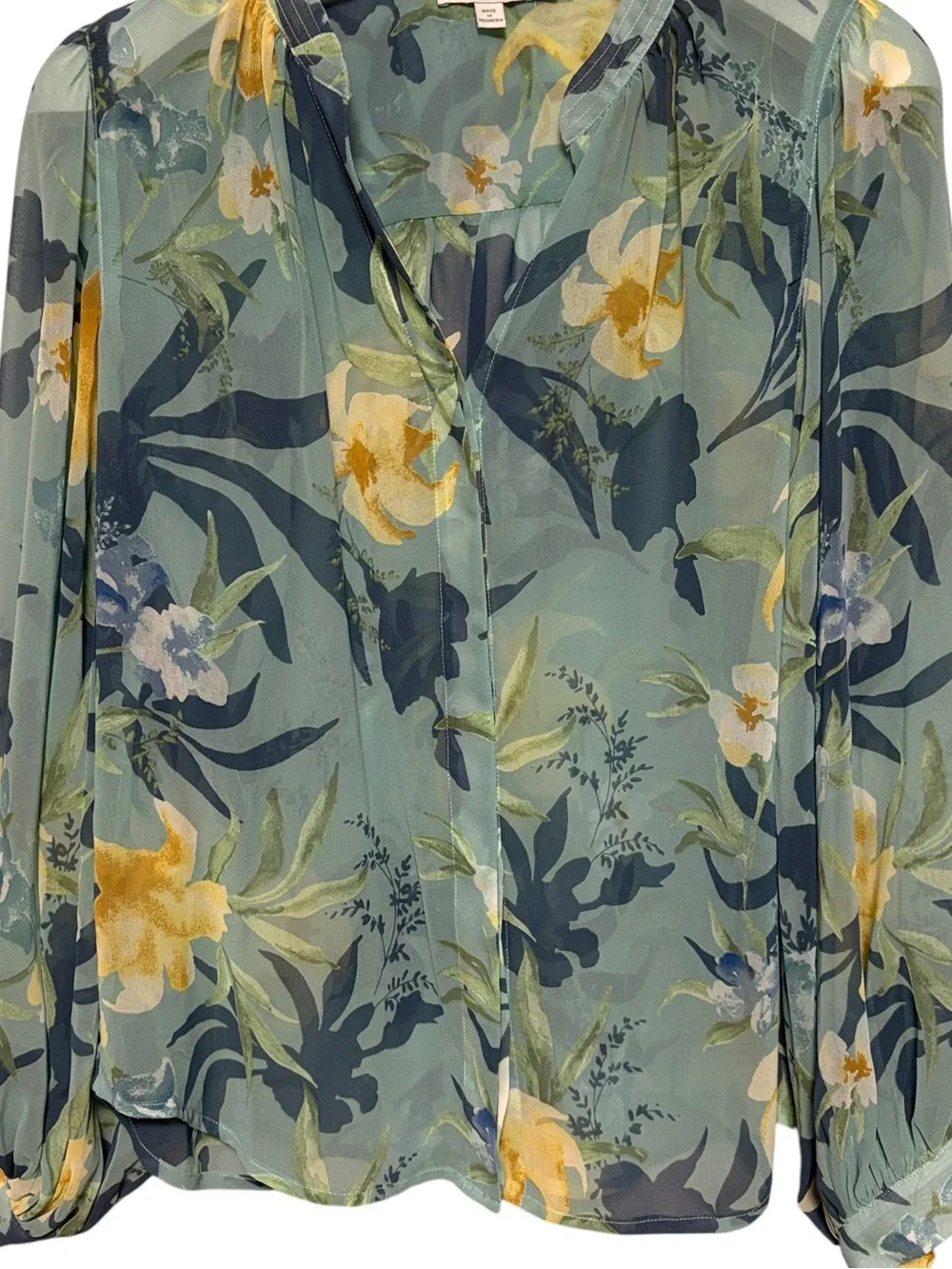 CHICO’S Floral Sheer Long Sleeve Blouse Blue Green Women’s US 4